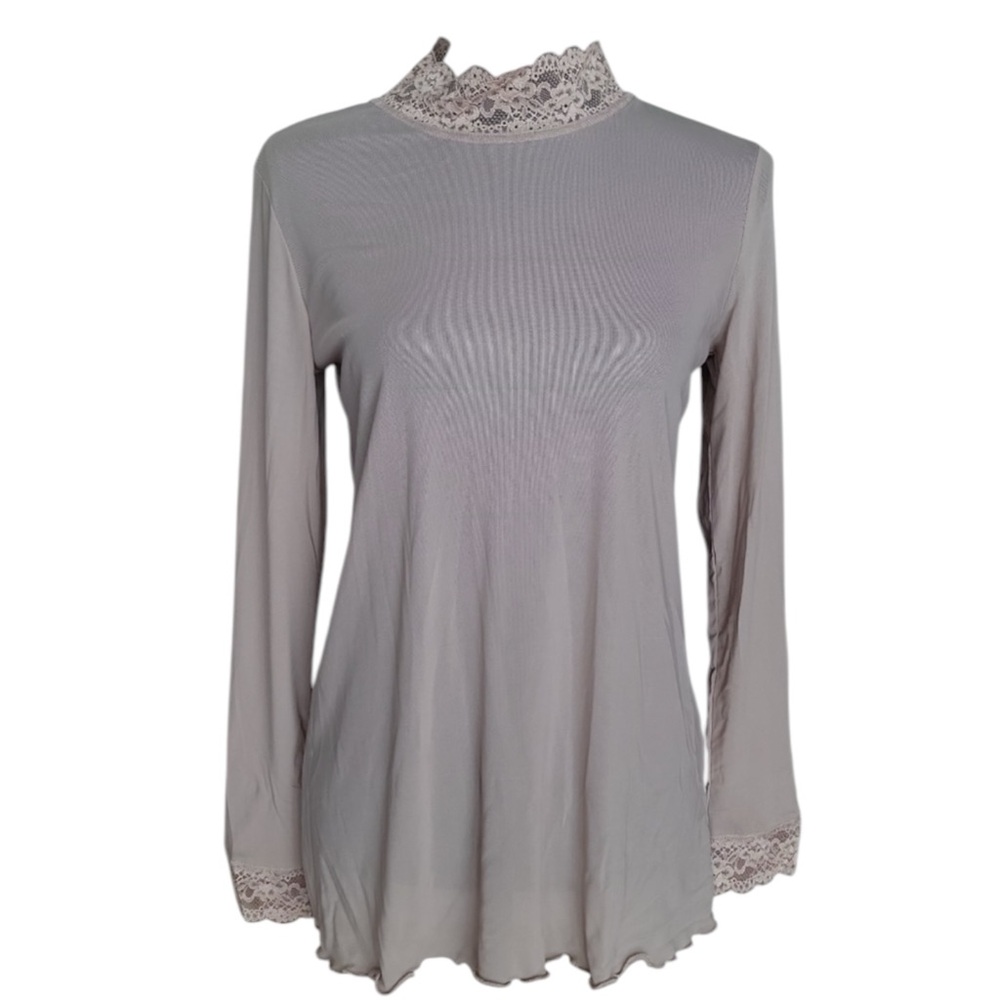 LOGO by Lori Goldstein Sheer Lace Trim Long Sleeve Top in Beige Size XL - Picture 4 of 11